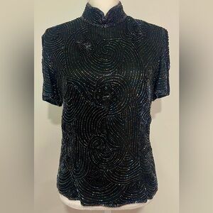 Vintage 90s Papéll Boutique Evening Black Beaded Iridescent Top